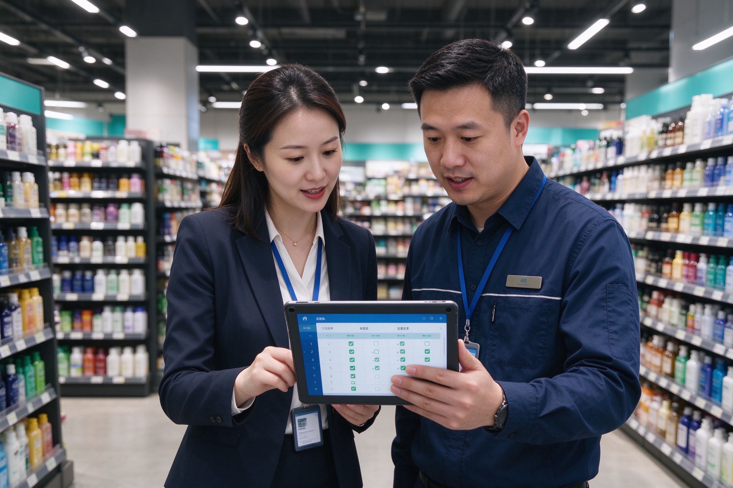 督导人员与店长在门店查看巡检数据